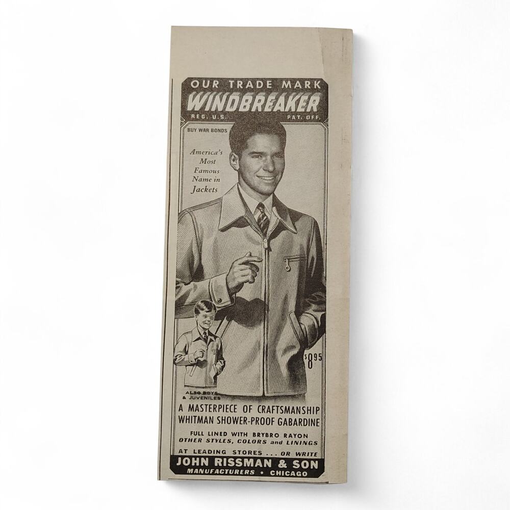 1943 Windbreaker Print Ad Man Model Jacket 1940s‎ Menswear Ephemera John Rissman